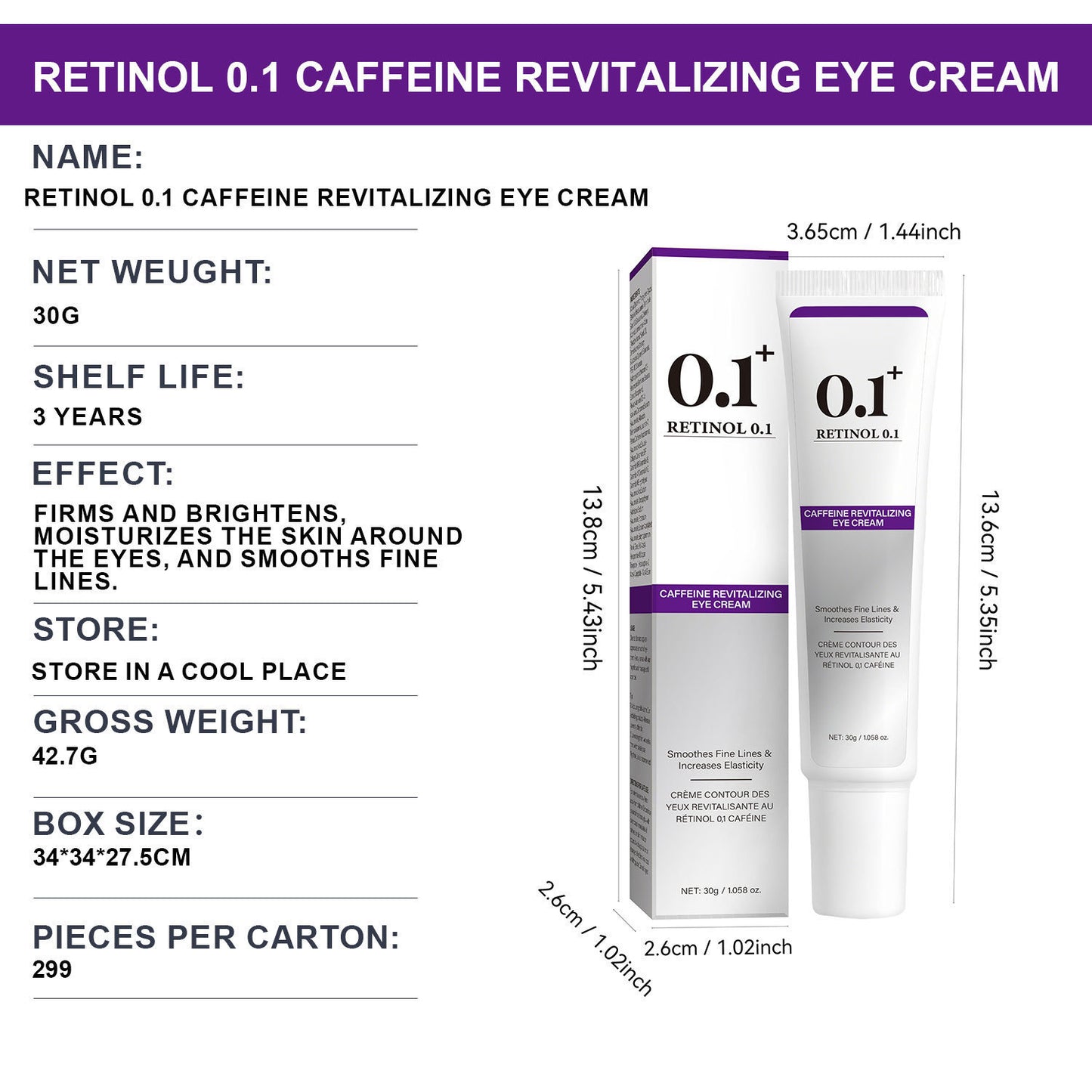 Retinol 0.1 Caffeine Eye Cream for Firming, Anti-Wrinkle, and Brightening